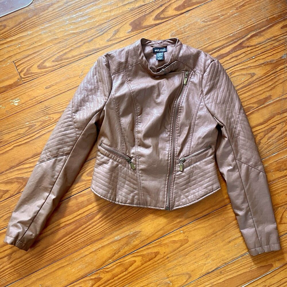 Vintage Tan Faux Leather Biker Jacket Women’s Sz L Y2K 90s